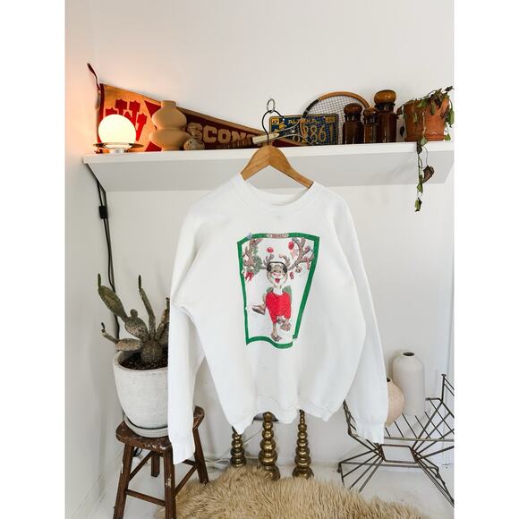 Vintage 90s Suzy Spafford Christmas Rudolph Crewneck Sweatshirt XL - Picture 1 of 6